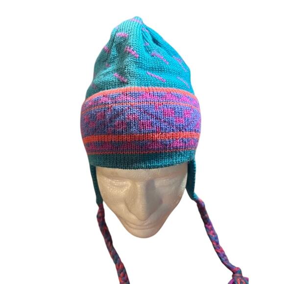Vintage VTG ski hat wool beanie winter snow turquoise pink and purple made in VT - Picture 3 of 6